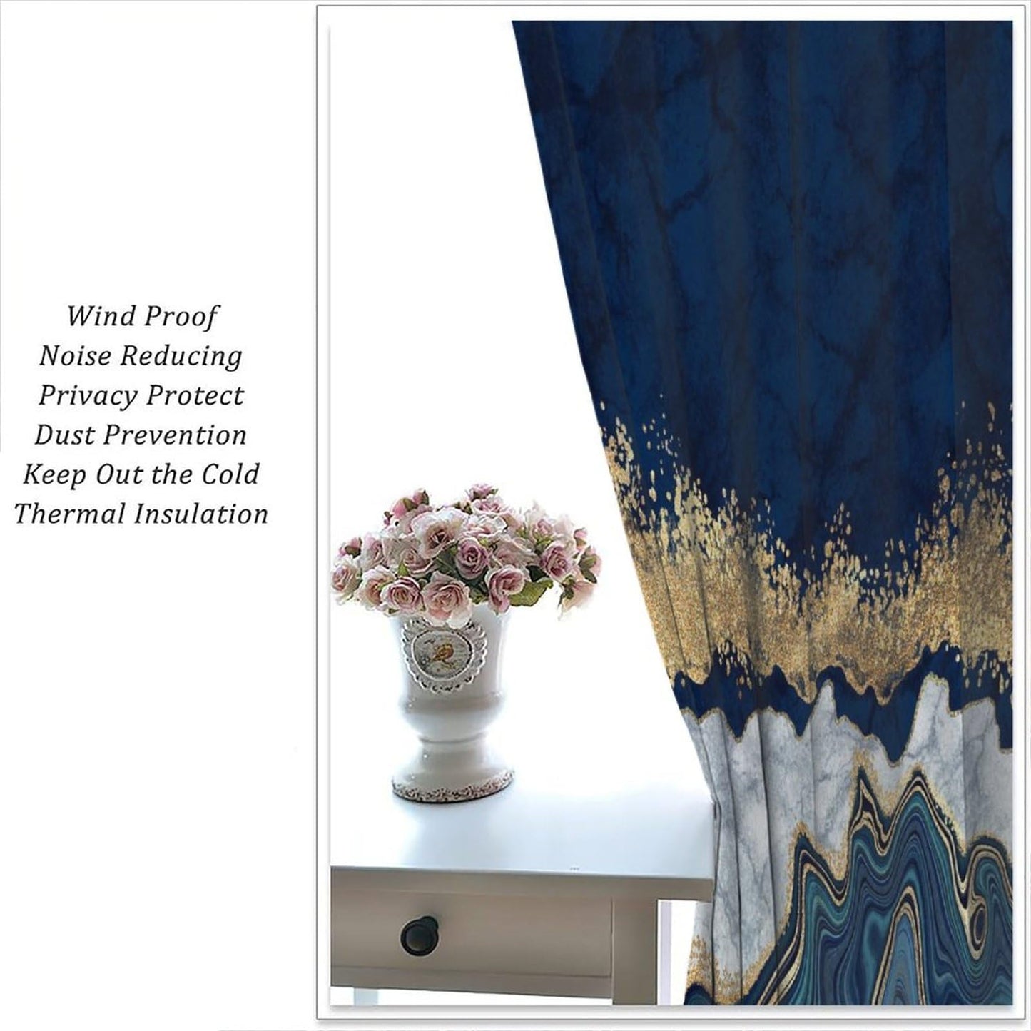 Djaby Blue Marble Curtains, Modern Luxury Gold Texture Window Curtains Drapes for Bedroom Living Room Home 42" W X 45" L(No Blackout)