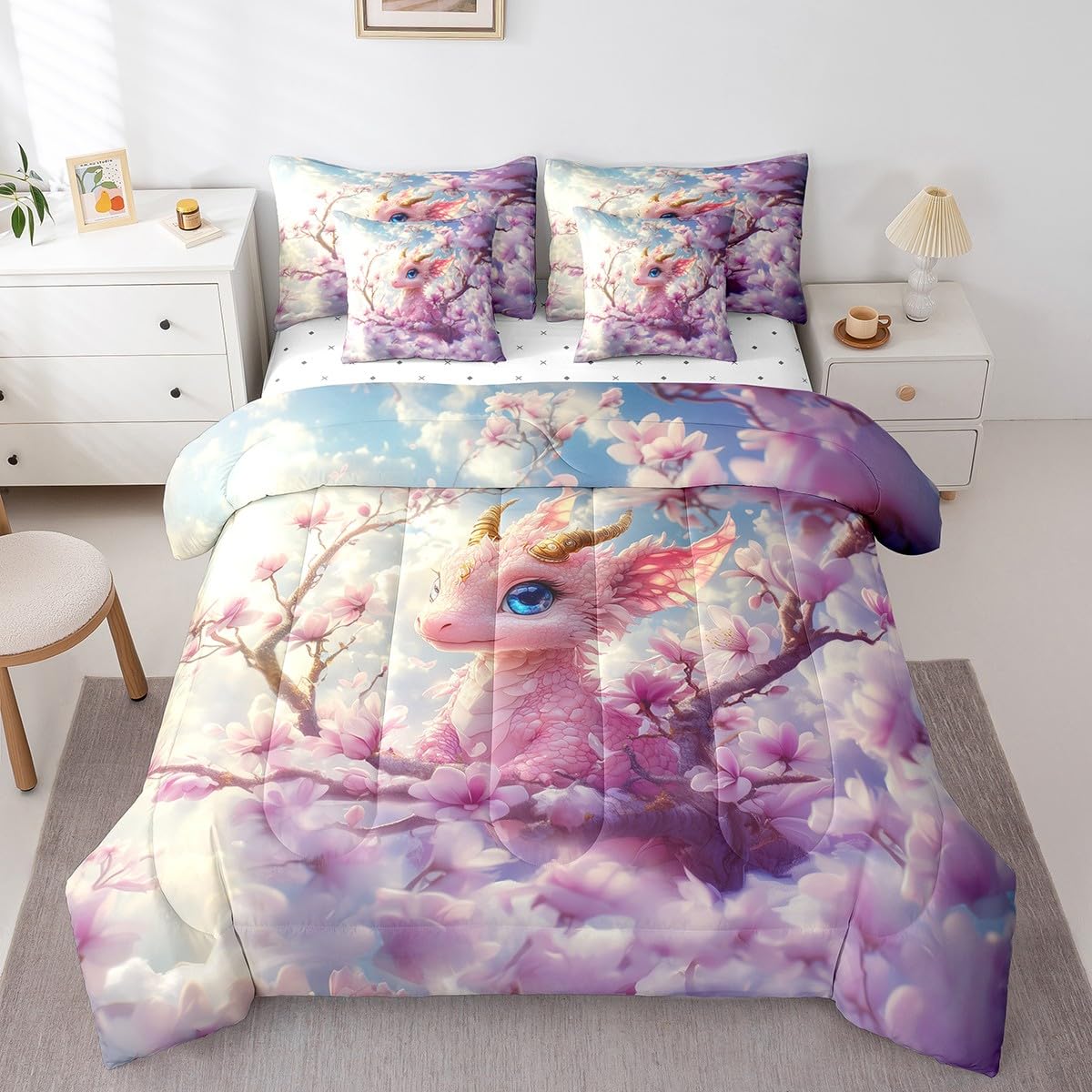 7 Pieces Cherry Blossom Dragon Comforter Set Queen,Pink Flower Wild Animal Bed Set for Kids Boys Girls,Pink Bedding(1 Comforter,1 Fitted Sheet,1 Flat Sheet,2 Pillowcases,2 Throw Pillow Cover)
