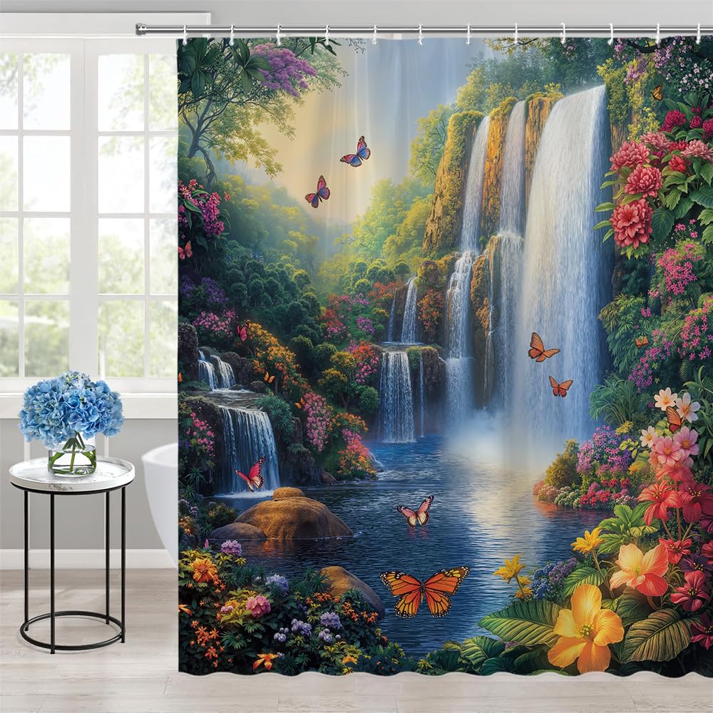 ZFMRZF Forest Waterfall Shower Curtain Butterfly Spring Jungle Rainforest Wonderland Fantasy Tropical Fairy Tale World Flower Nature Landscape Bathroom Polyester Curtains Set with Hooks 70x70 Inch
