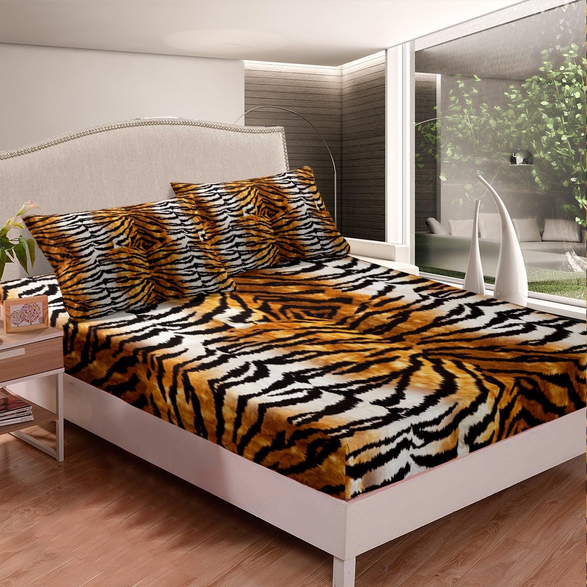 Tiger Fur Bed Sheets Full Brown Black Tiger Print Sheet Set for Kids Boys Girls Gorgeous Animal Skin Bedroom Decor Bedding Set Safari Animal Theme Fitted Sheet + Flat Sheet + 2 Pillowcases Ultra Soft