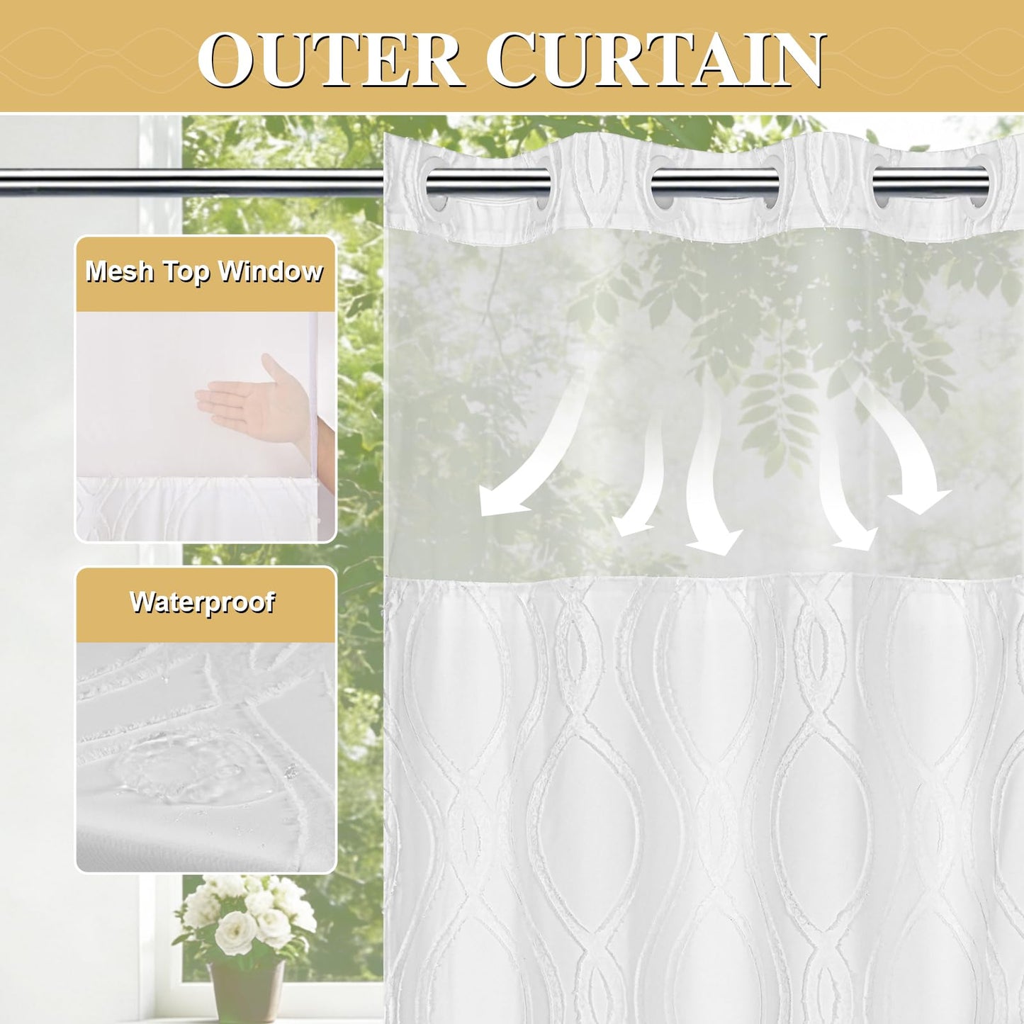 Yinhua No Hook Shower Curtain with Snap in Liner Set, Tufted Waterproof Shower Curtains for Bathroom Washable Bath Curtain Hotel Style Curtains with See Through Top Window, White, 71" W×74" L