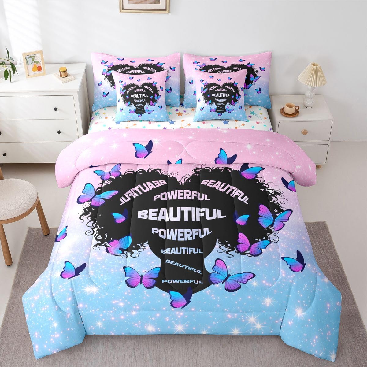 Erosebridal Black Girls Magic Queen Bedding Set Aesthetic Glitter Butterfly Comforter Set with Flat and Fitted Sheet Girl Women Empowering Words 7-Piece Bed in a Bag Blue Pink Gradient Quilt Sets