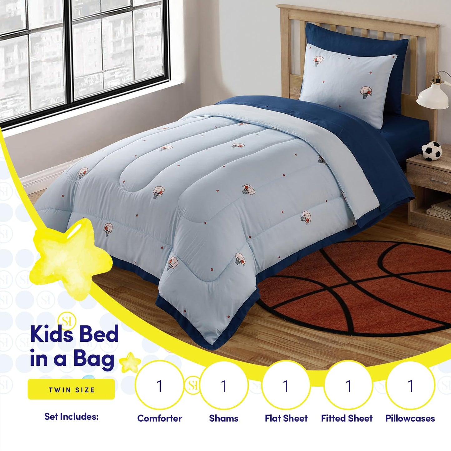Basketball Comforter Set Twin Size – Bed in a Bag with Sheets, Pillowcases & Shams – Soft Stylish Sports Bedding – All Season Boy’s Basketball Bed Set