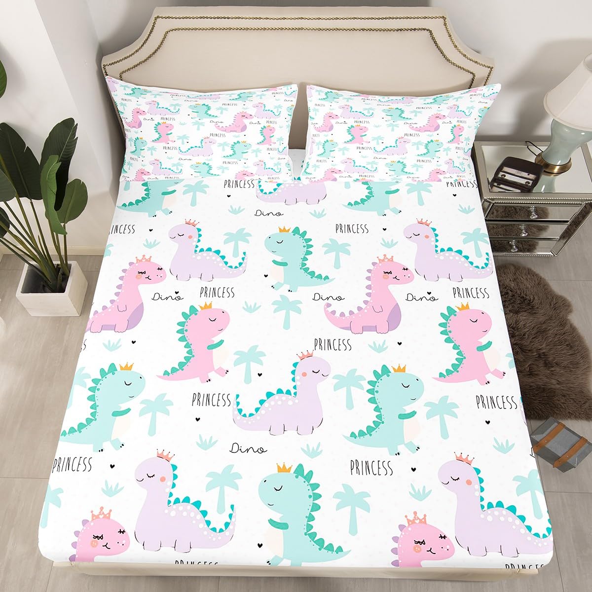 Dinosaur Fitted Sheet Pink Purple Dinos Bedding Set For Kids Girls Cartoon Bed Cover Jungle Safari Lovely Cute Animals Bed Sets Child Kawaii Room Decor With 1 Pillow Case Twin Size No Top Flat Sheet