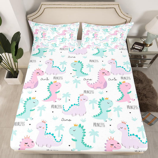 Dinosaur Fitted Sheet Pink Purple Dinos Bedding Set For Kids Girls Cartoon Bed Cover Jungle Safari Lovely Cute Animals Bed Sets Child Kawaii Room Decor With 1 Pillow Case Twin Size No Top Flat Sheet