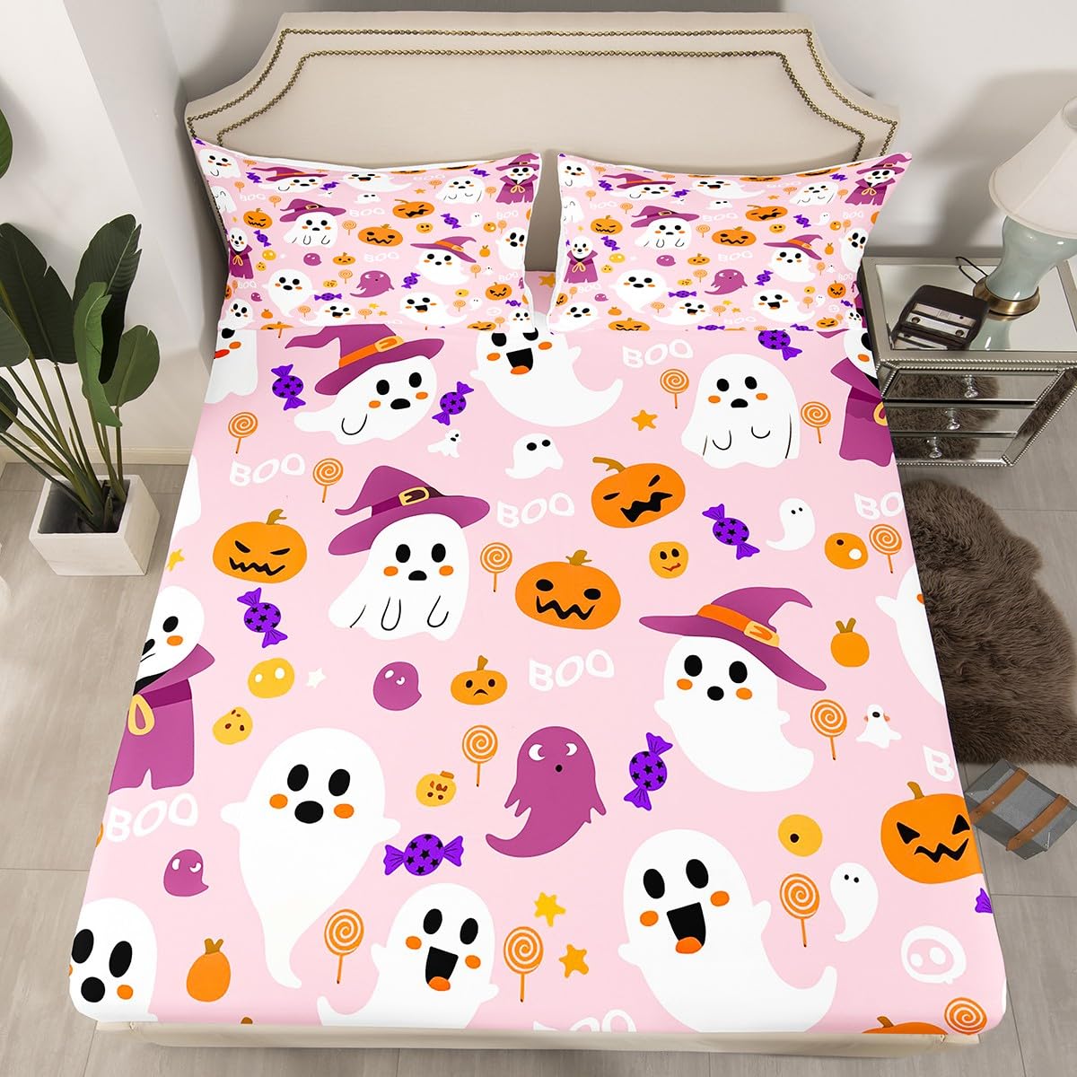 Feelyou Kids Cartoon Halloween Fitted Sheet Cute Ghost Pumpkin Sheets Set for Child Boys Girls Pink Purple Full Size Bedding Set Decoration Kawaii Bed Sheet Set Collection