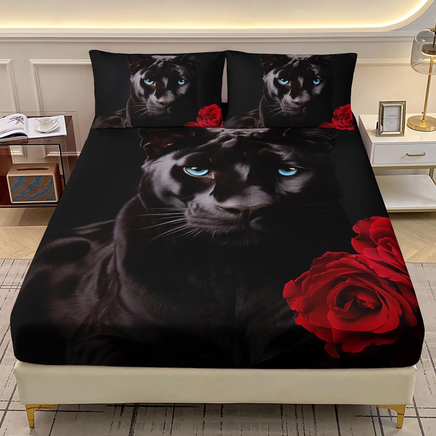 AILONEN 3D Black Panther Fitted Sheet Set Queen Size, Oil Red Rose Bedding Set for Girls Women Wedding Bedroom,Wild Animal Bedsheets Set,3 PCS, 1 Fitted Sheet 2 Pillowcases