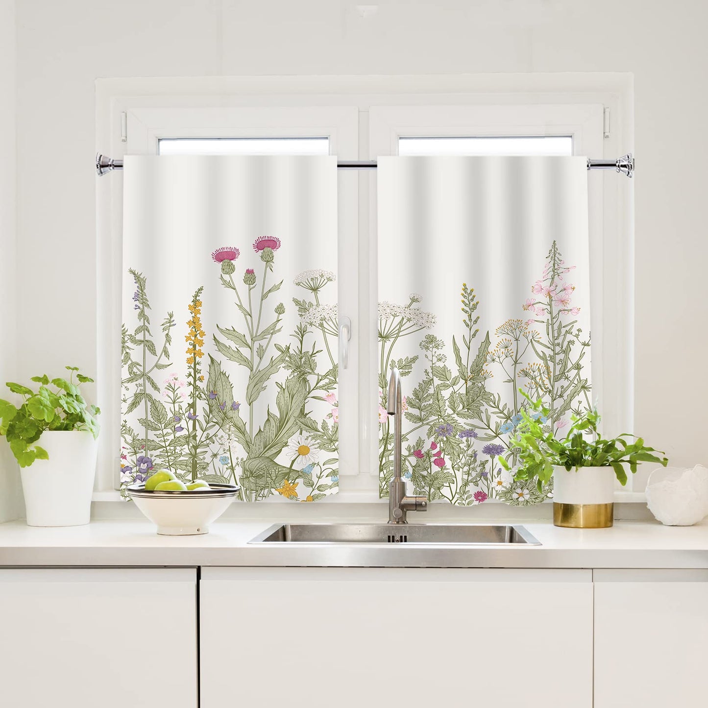 YISURE 2 Piece Wildflower Botanical Shower Curtain Set with Window Curtain, 72x72 with 30x36 inches, Floral Plant Sage Green Leaves Decorative Shower Curtain with Matching Window Panel