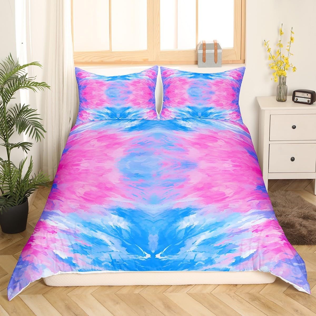 Feelyou Girls Tie Dye Bedding Set Girly Boho Hippie Tie Dye Duvet Cover for Teens Women Pink Purple Bohemian Gypsy Comforter Cover Chic Design Bedspread Cover Bedroom Decor Quilt Cover 3Pcs Queen Size
