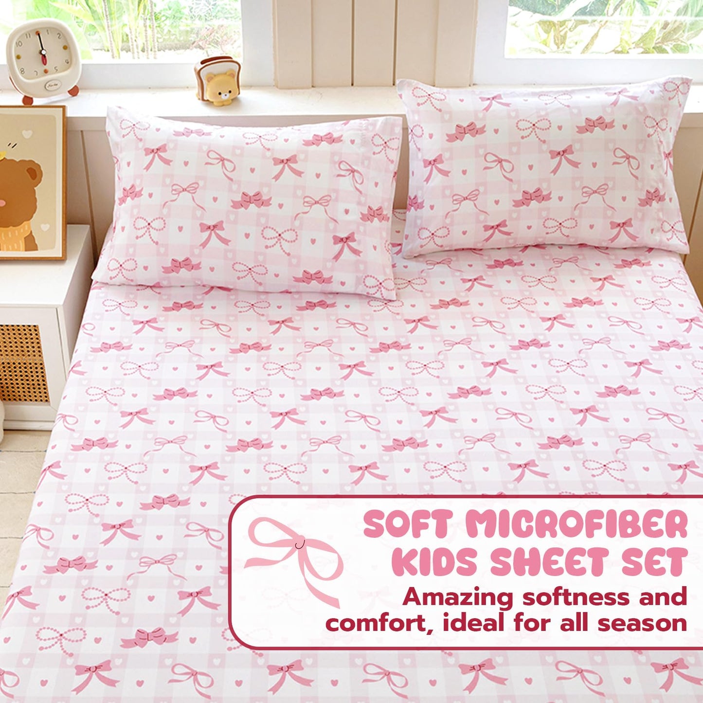 Homilay Full Sheet Set Kids - Pink Check 4 Pieces Soft Microfiber Cartoon Style Bedsheets for Boys Girls Teens, Oeko TEX Breathable 15 Inch Deep Pocket Sheets(Pink Bow)