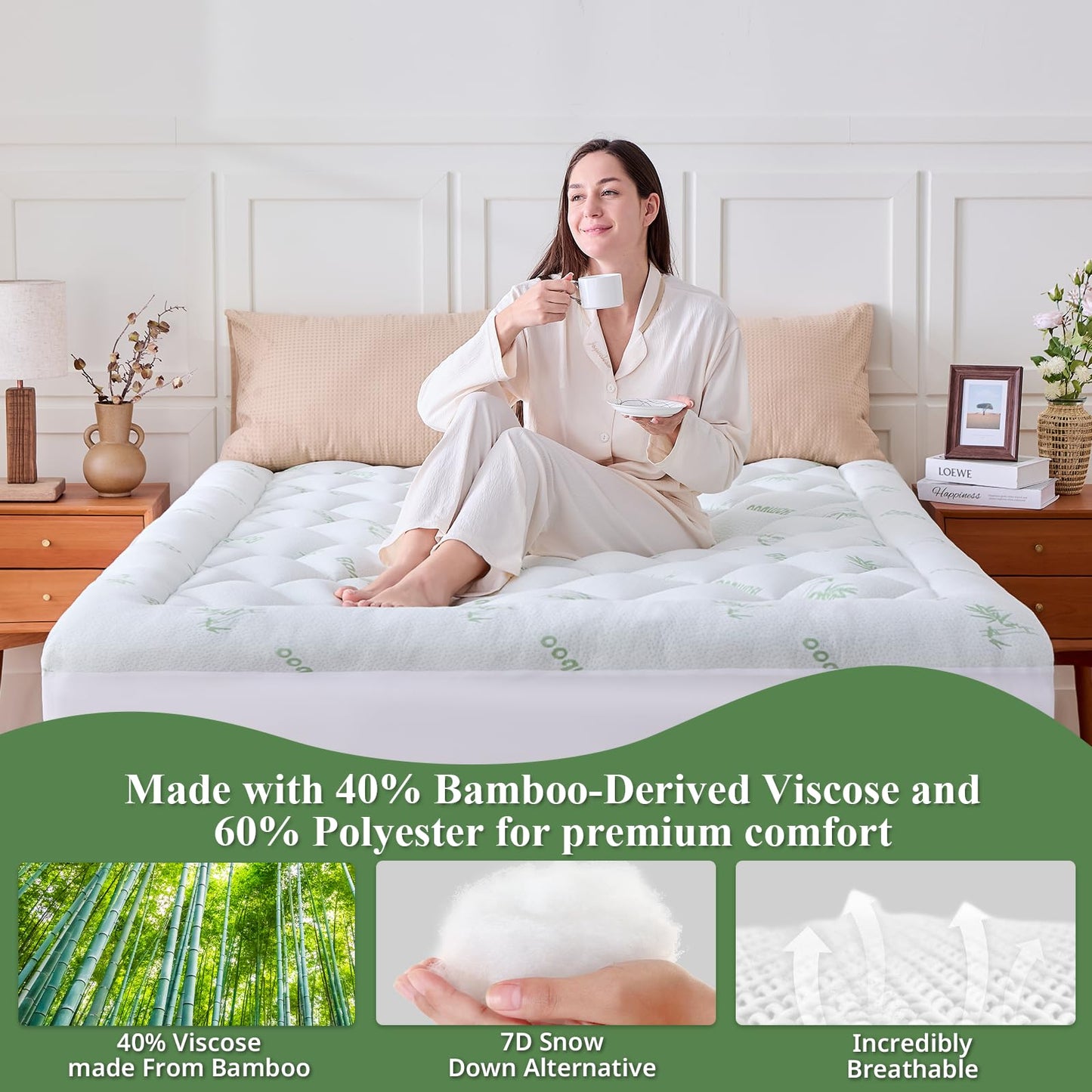 KRIMANO Full Mattress Topper, Viscose Derived from Bamboo Thick Pillow Top Mattress Pad with Deep Pocket, Naturally Cooling for Hot Sleepers, Soft for Back Pain Relief, White