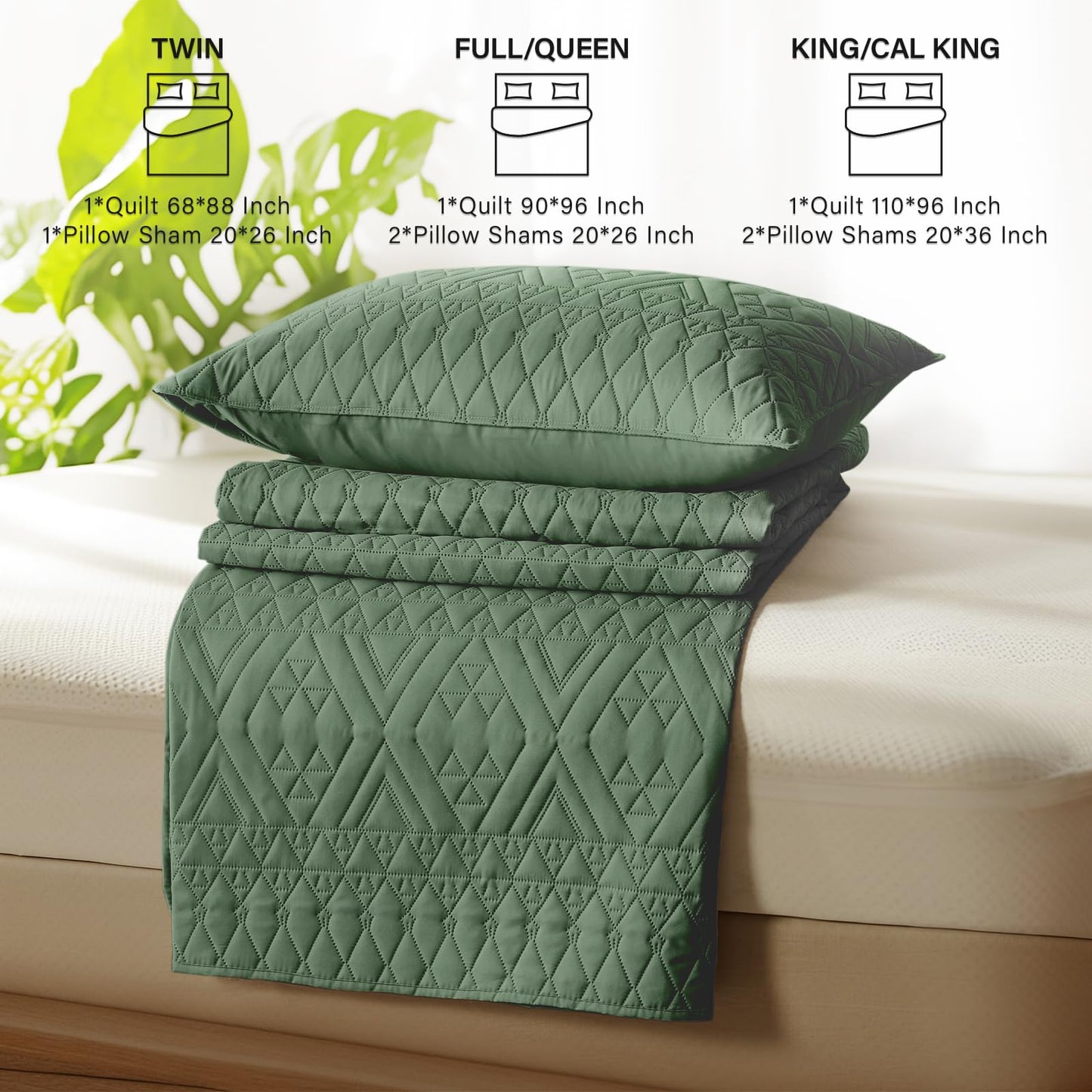 akkialla Full/Queen Size Quilt Bedding Set,Green Lightweight Microfiber Soft Bedspread,Modern Style Geoetric Pattern Coverlet Set for All Seasons,3 Piece(1 Quilt,2 Pillow Shams)