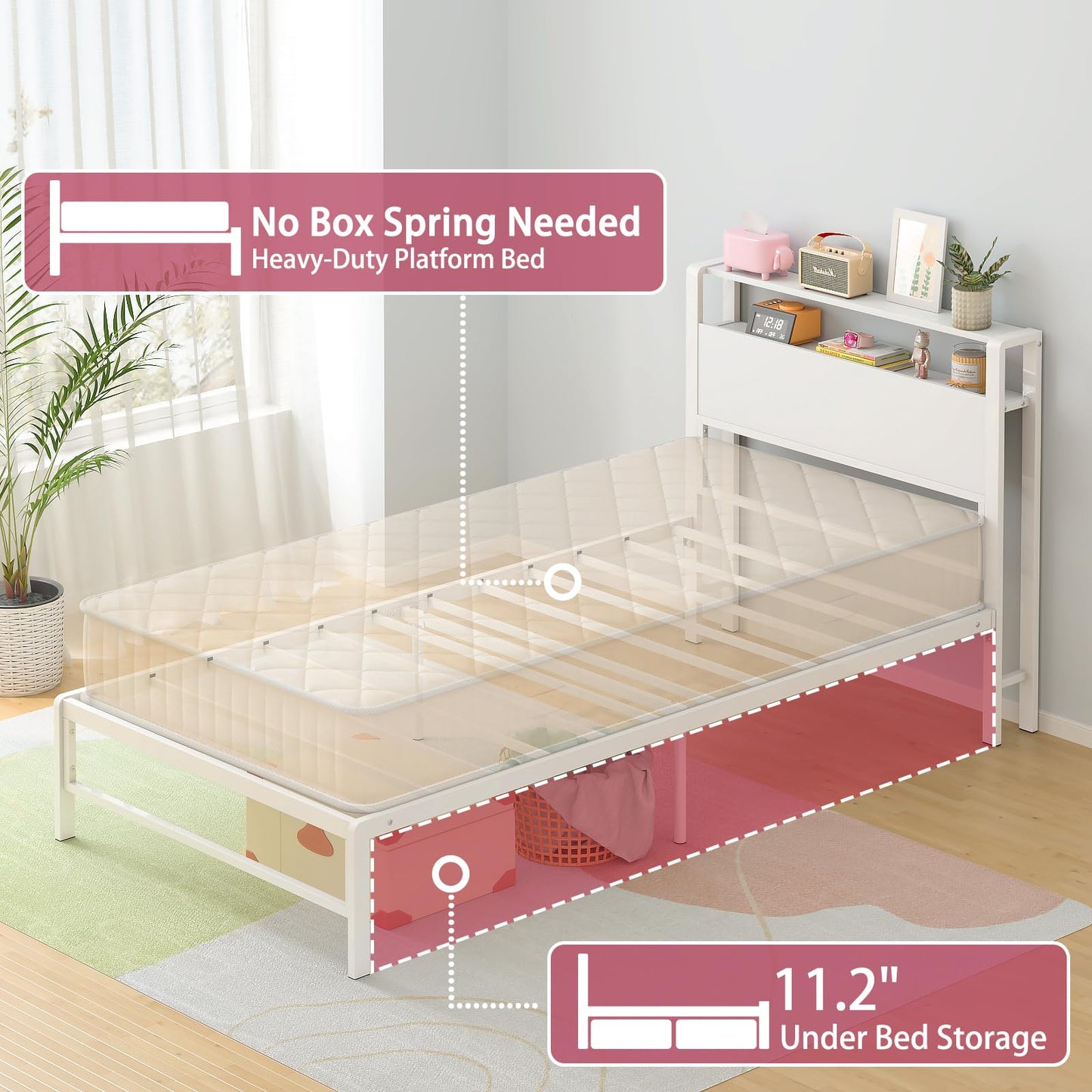 Weehom Twin Bed Frames for Kids, Twin Size Bed with 2 Tiers Wood Shelves Headboard No Box Spring Needed Easy Assembly Heavy Duty Metal Plaform, White