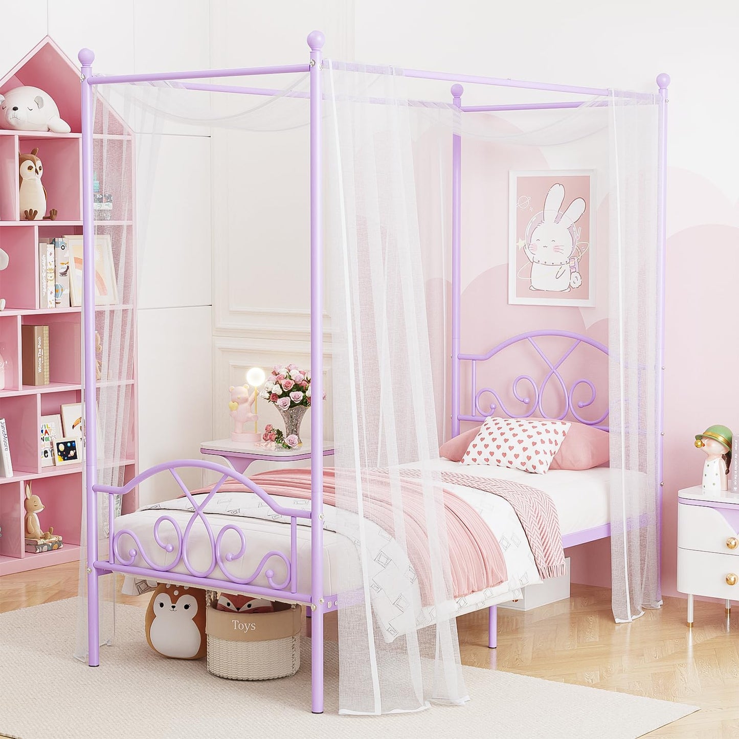Weehom Princess Canopy Bed Frame with 4 Posters, Sturdy Metal Platform with Headboard&Footboard No Box Spring Needed Twin Size Bed for Kids Girls Adults,Purple
