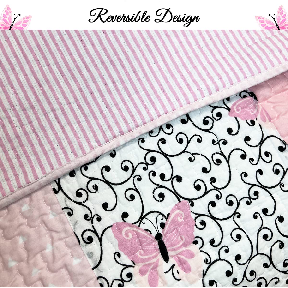 Cozy Line Home Fashions 100% Cotton Real Patchwork Floral Butterfly Shabby Chic Girly Reversible Quilt Bedding Set, Coverlet Bedspread (Black Pink, Queen - 3 Piece)
