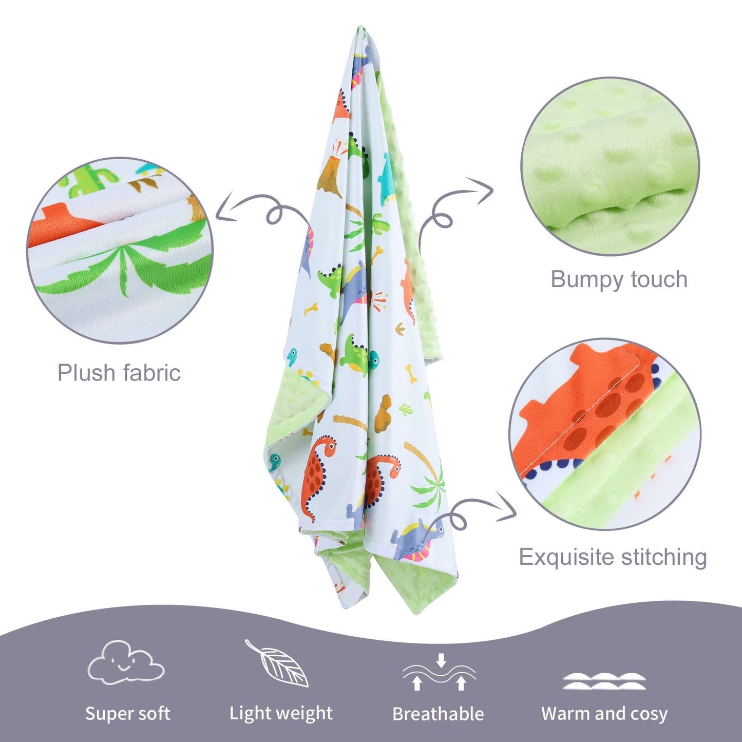 Donsonny Baby Blanket for Boys Girls Soft Minky with Double Layer Dotted Backing, Dinosaur Printed 30 x 40 Inch Receiving Blanket