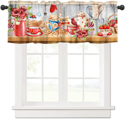 AAVEUP Farmhouse Vintage Kitchen Valance Curtains,Rustic Wood Plank Barn Door Retro Strawberry Utensils Knives and Forks Country Fruits Treatment Drapes for Dining Hall Living Room Cafe 54 x 18In