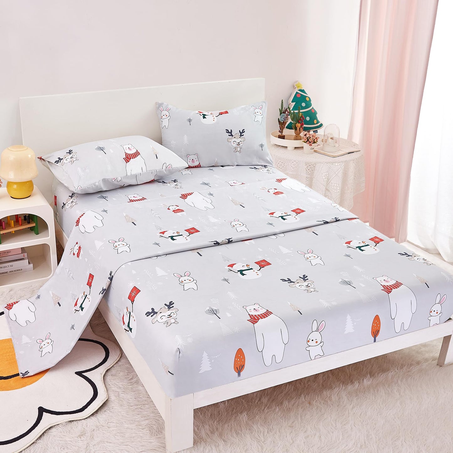 Yibeizi Kids Bear Snowmen Reindeer Bunny Printed Sheet Set Twin Size for Boys Girls, Cute Christmas Winter Microfiber Bedsheets Deep Pocket Bed Sheet & Pillowcase Sets 3 Pieces