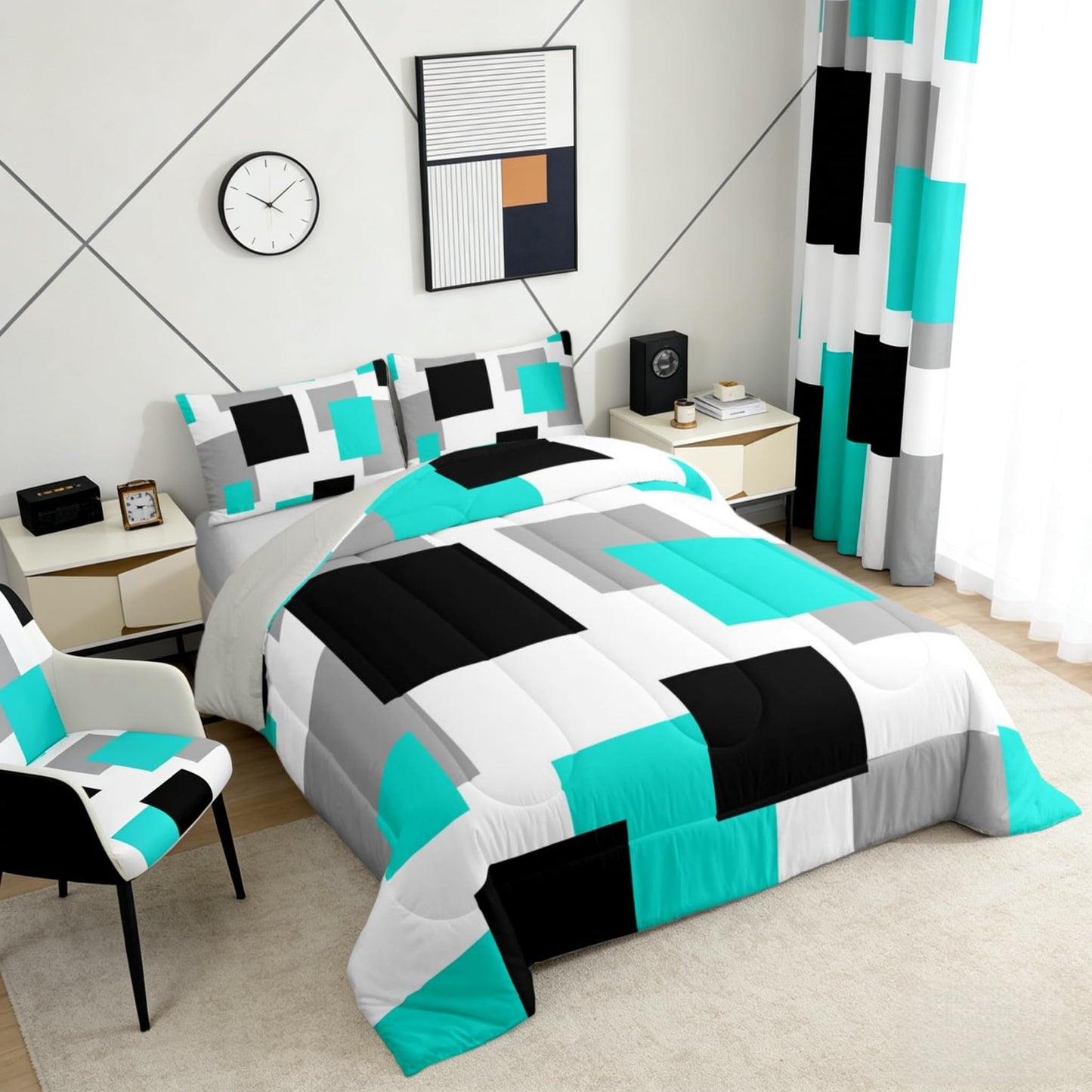 Castle Fairy Teal Grid Comforter Set Queen Size,Black Grey Geometric Down Alternative Adults Room Decor,Modern Abstract Square Splicing Ultra Soft Microfiber Inner Fill 3Pcs Bedding