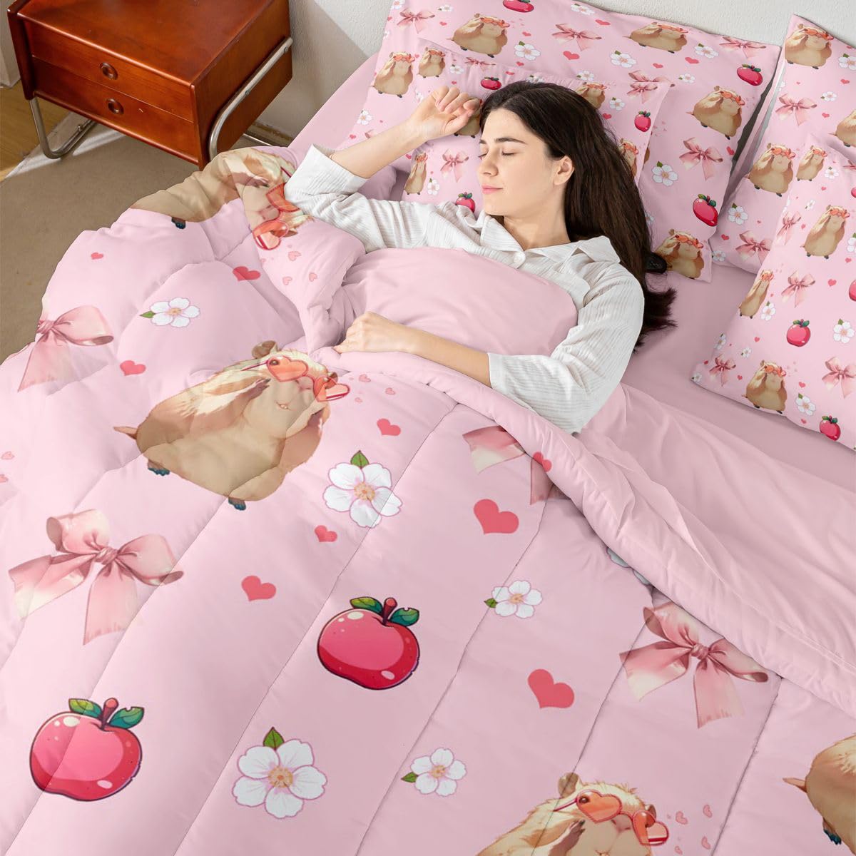 Feelyou Capybara Comforter Set King Size 7 Pieces Cute Pink Bow Bedding Set for Kids Boys Girls Soft Flower Texture Bed in a Bag with Comforter, Sheets, Pillowcases, Cushion Covers