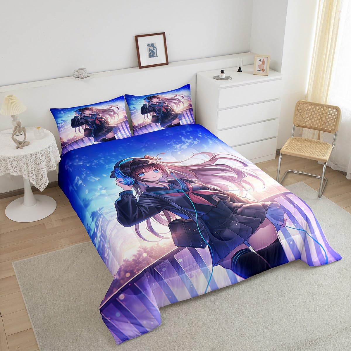 Erosebridal Anime Girl Bedding Set Full Size, Japanese Anime Comforter Set for Kids Boys Teens Bedroom Decor, Cartoon Girl Duvet Insert Kawaii Japanese Animation Quilt with 2 Pillow Cases