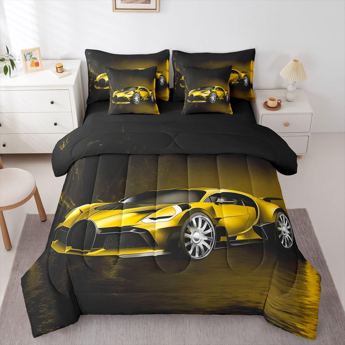 Feelyou Sports Car 7 Piece Bedding Set Yellow Race Car Comforter Set with Sheets for Kids Boys Girls Extreme Sports Bed in a Bag Cool Speed Luxury Car Decor Quilt with 2 Pillowcases Queen