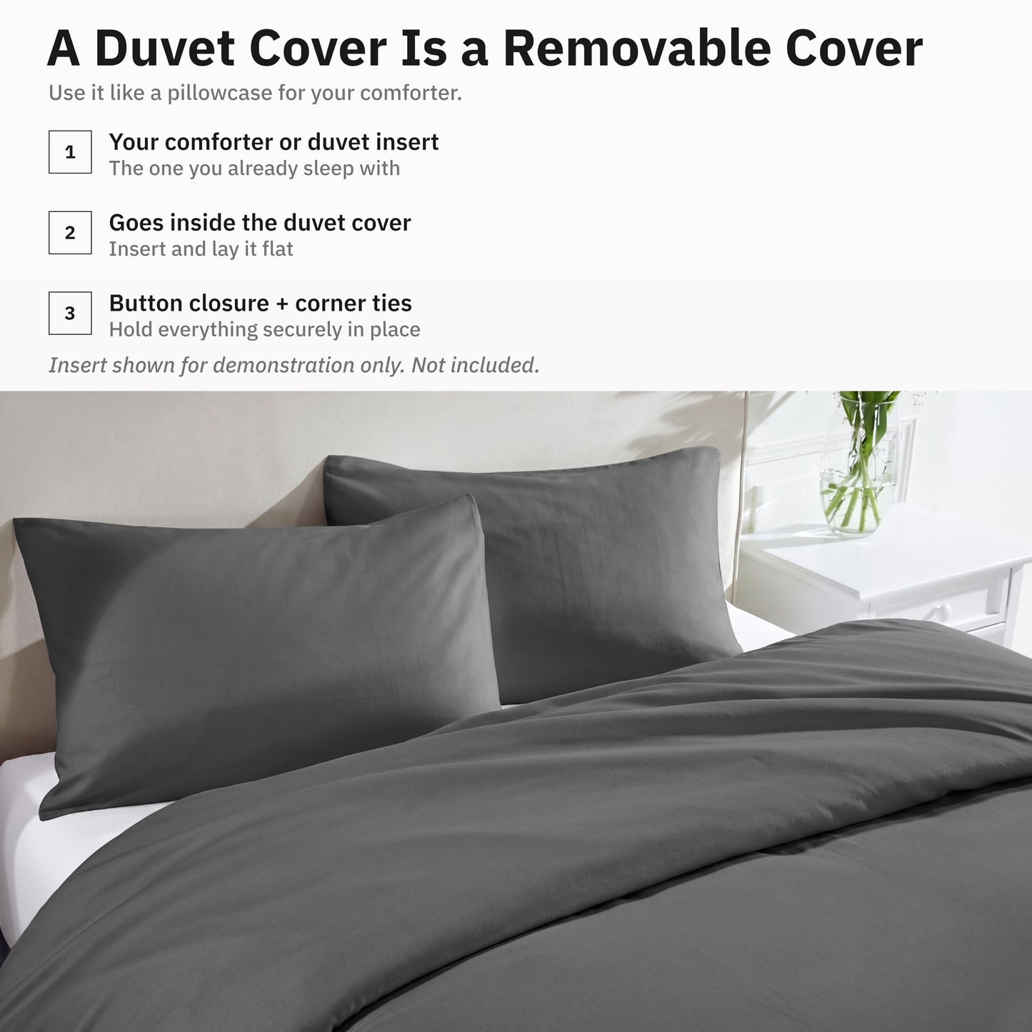 California Design Den 3 Pc Full/Queen Size Duvet Cover Set - Winner Good Housekeeping Best Bedding Awards 2025, 400 Thread Count Sateen, 100% Cotton Duvet Cover Queen,Button Closure, Corner Ties -Grey