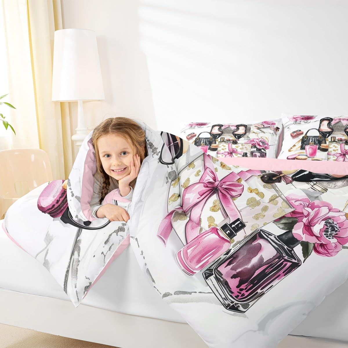 Erosebridal Pink Comforter King Size Cute Flower Girly Bedding Set Bow Coquette Sweet Bed Sets Modern Magazine Silver High Heel Girls Women Duvet Insert Preppy Makeup Romantic Fantasy Room Decor