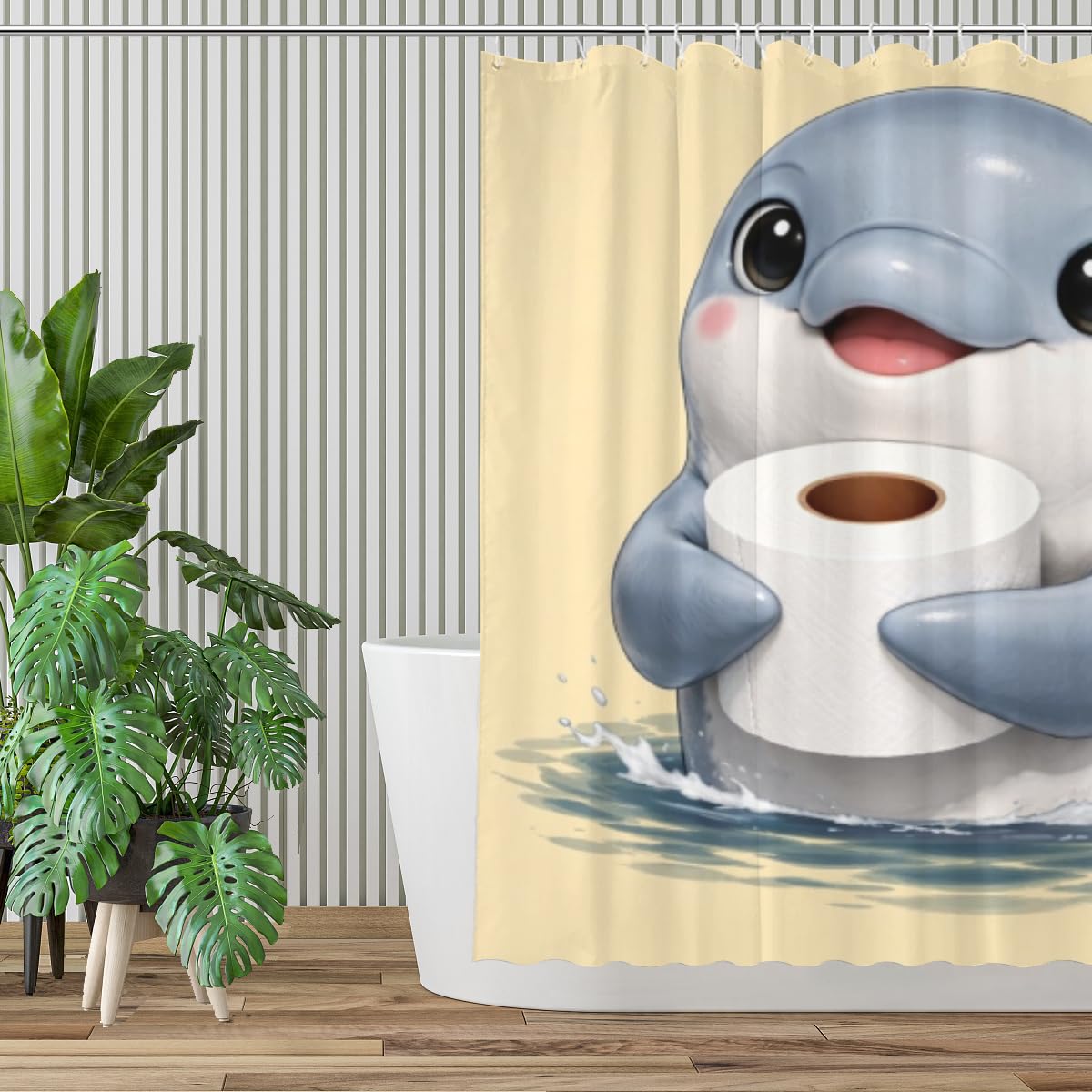 REZHOCH Funny Dolphin Shower Curtain 72x72 Inch,Cute Animal Holding Toilet Paper,Humor Art Home Bathroom Farmhouse Decor,Waterproof Fabric Bath Curtain Set with 12 Hooks