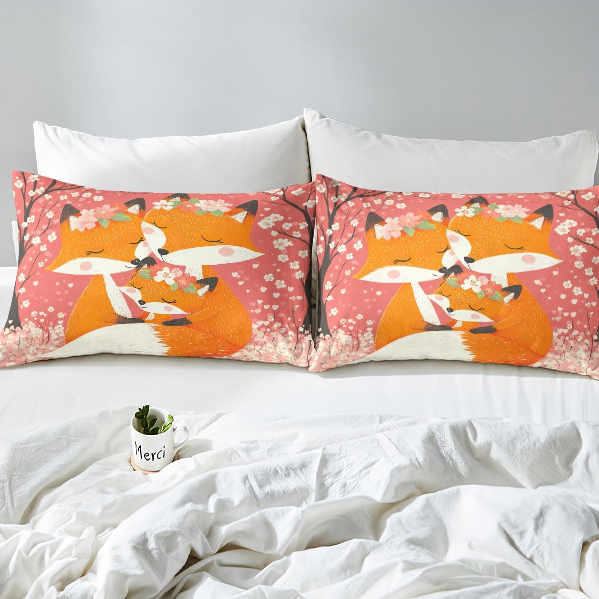 Feelyou Kids Cute Fox Bed Sheet Set Full Size, Woodland Fox Fitted Sheet Boys Girls Cartoon Animal Bedding Set Nature Wildlife Teens Bed Cover Bedroom Decor with 2 Pillow Case (No Flat Sheet)