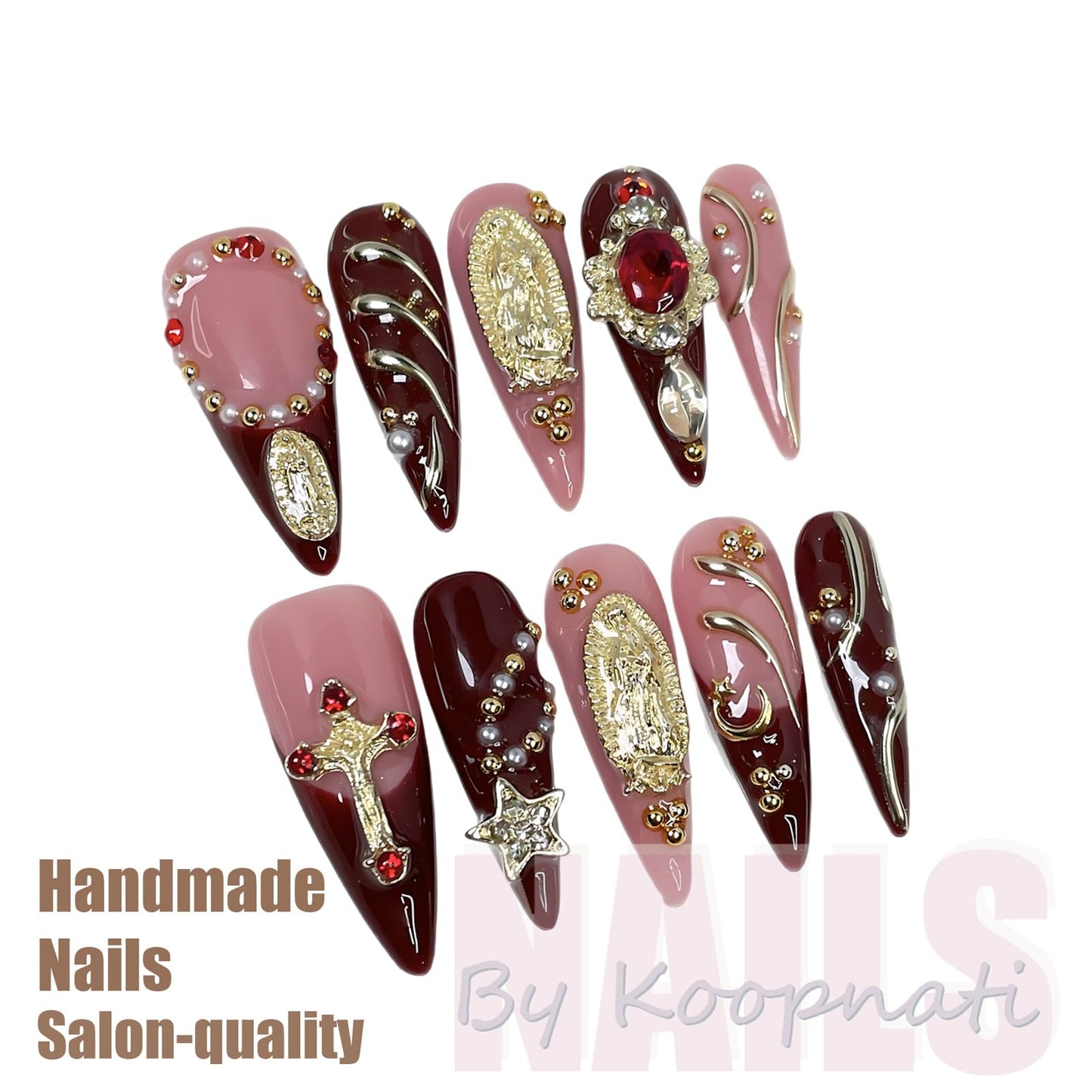 Handmade Press On Nails Almond Gold Homemade Press On Nails French Tip With 3D Design Fake Nail Art For Women M