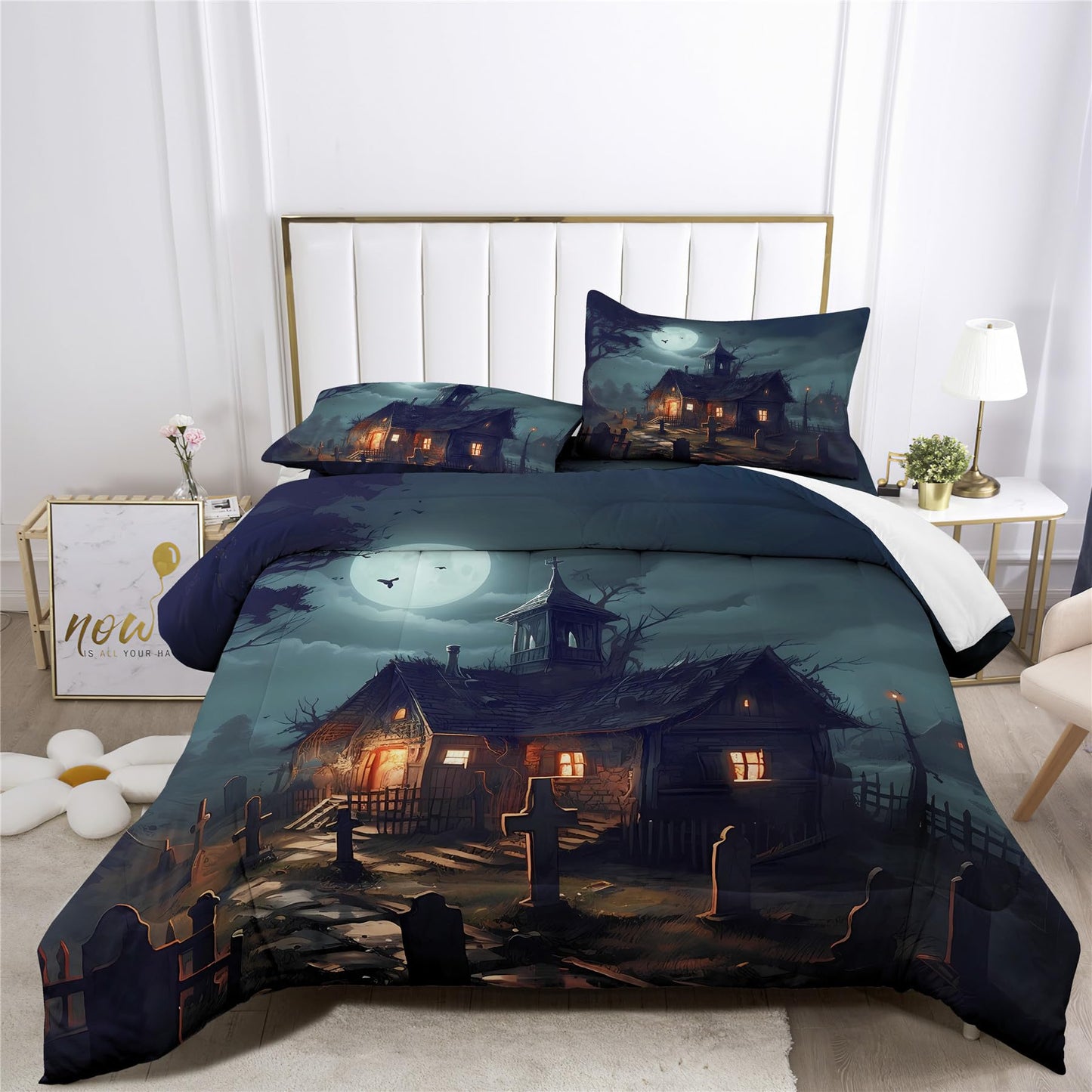 Halloween Haunted House Prints Comforter Set | Horror Festive Spooky Manor Design Bedding Set | with Soft Comforter+2 Pillow Shams(3PCS) or Sheet (4PCS) (A,Full-4PCS)