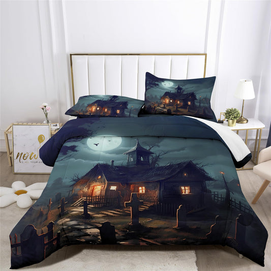 Halloween Haunted House Prints Comforter Set | Horror Festive Spooky Manor Design Bedding Set | with Soft Comforter+2 Pillow Shams(3PCS) or Sheet (4PCS) (A,Full-4PCS)