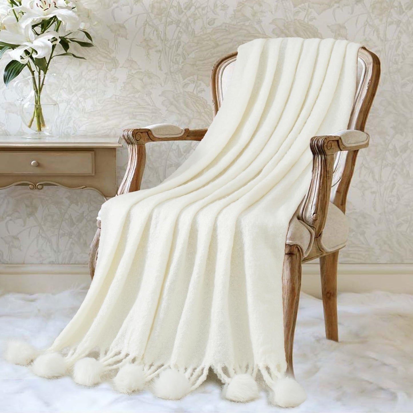 GINAMUSE White Pom Pom Throw Blanket for Couch, 60"X80" Soft Lightweight Knitted Farmhouse Decorative Blankets for Bed and Sofa