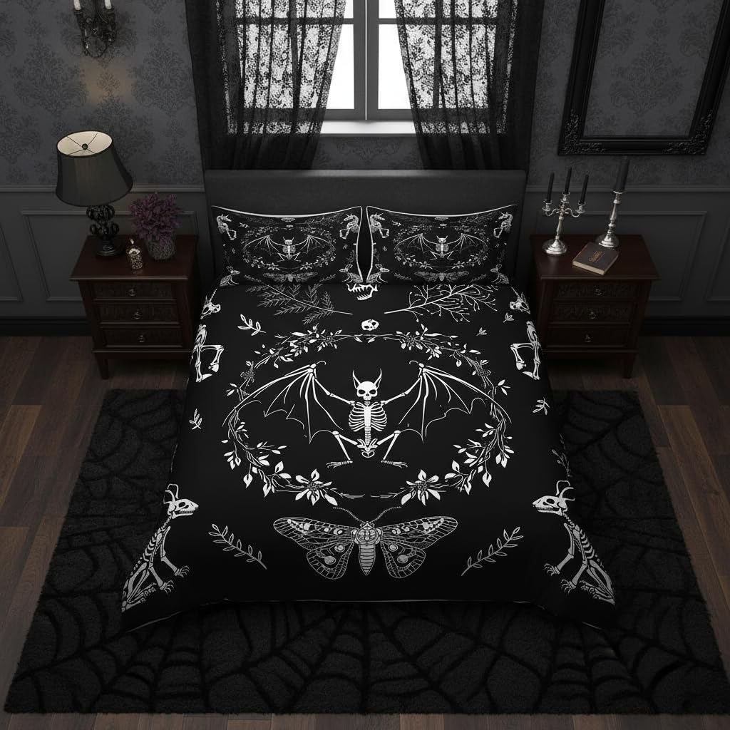 Castle Fairy Moth Duvet Cover Twin Size,Gothic Rabbit Animal Skull Bedding Set 2pcs for Kids Teens,Halloween Skeleton Black White Comforter Cover Soft Quilt Cover,No Comforter