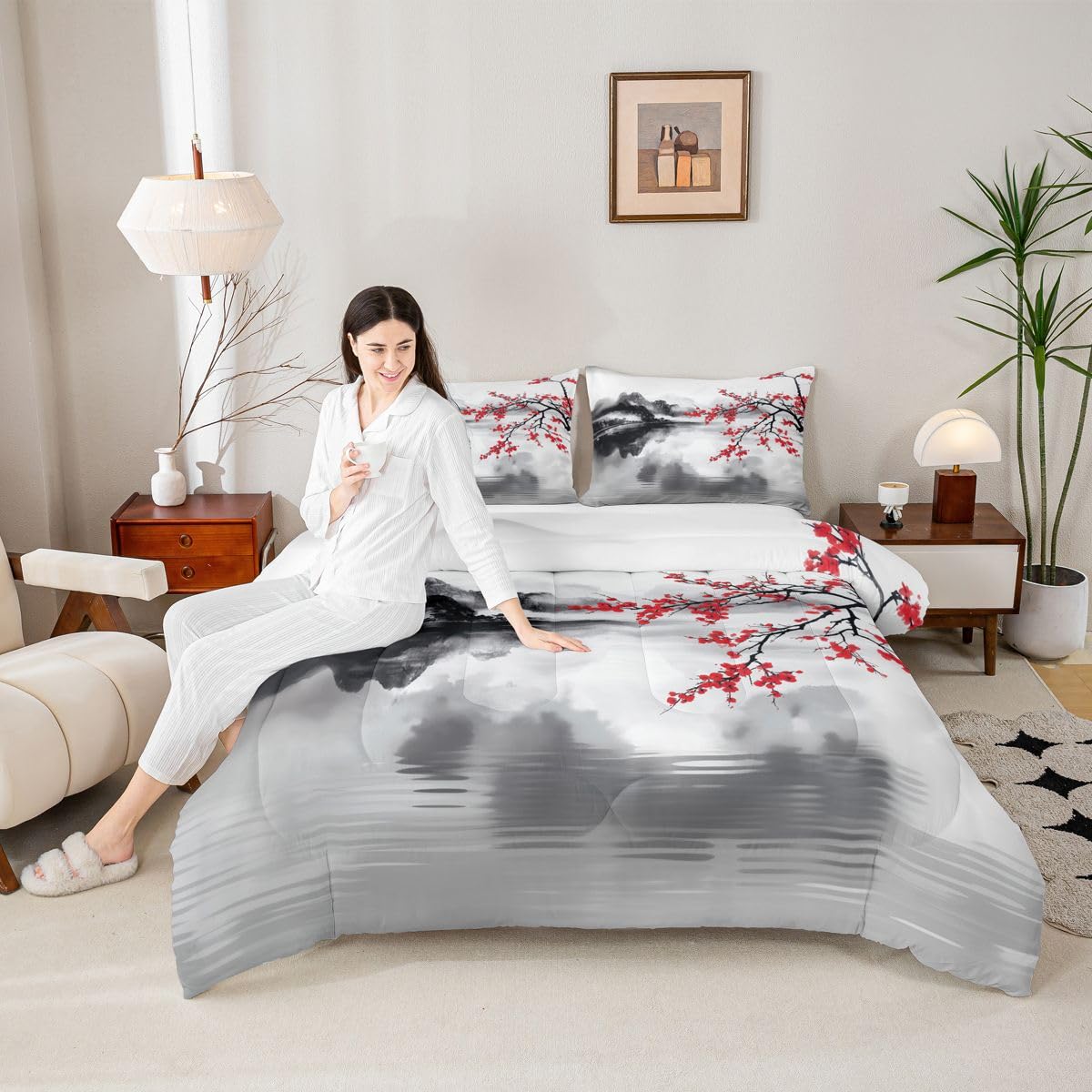 jejeloiu Chinese Ink Painting Comforter Set All Season Cherry Blossom Bedding Set with 2 Pillow Cases Mountain Microfiber Kids Queen Bedclothes Japanese Style Bedroom Decor Duvet Quilt Breathable Soft