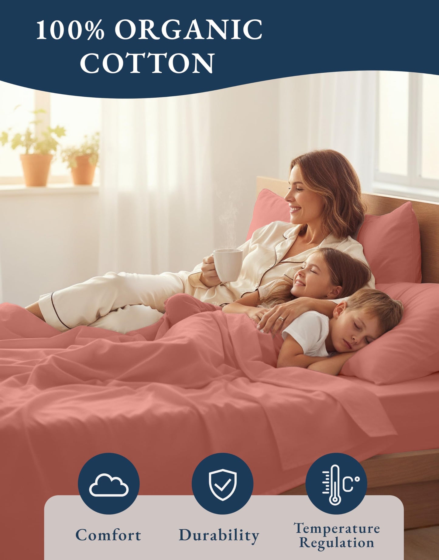 LANE LINEN 100% Organic Cotton Queen Sheets, Eco Friendly Mercerized Cotton Fully Elasticized Bedding Sheets & Pillowcase Set, Low Pill Fade Resistant Naturally Cooling Bedding Queen Size- Rose Dawn