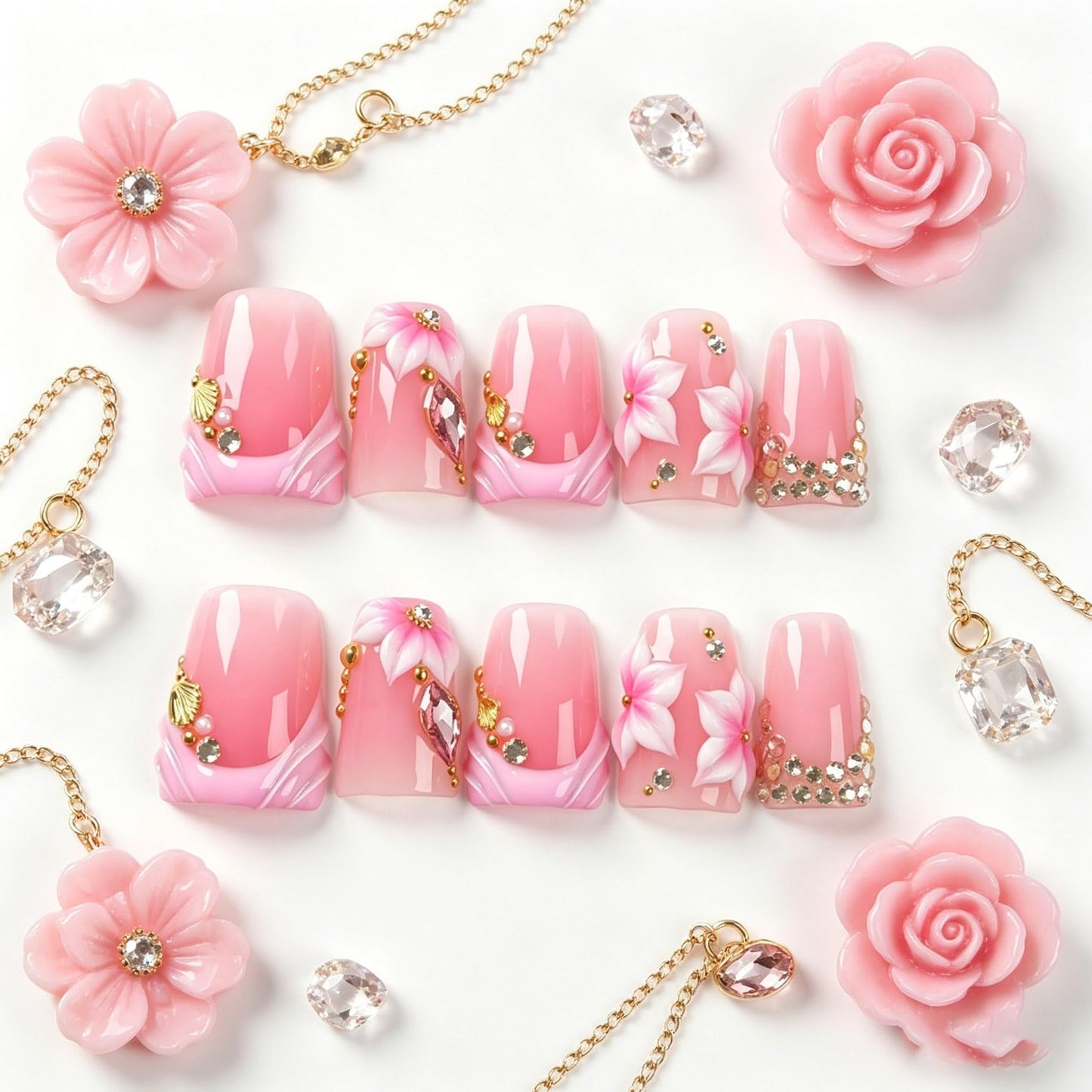 Handmade Press on Nails 3D Cute Glue on Nails for Women, Luxury Duck Nail Art Design, Fake Nails with 3D Nail Charms Size M 2