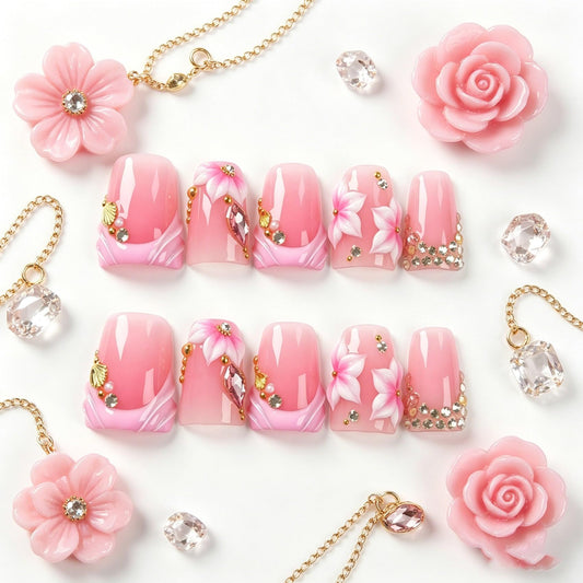 Handmade Press on Nails 3D Cute Glue on Nails for Women, Luxury Duck Nail Art Design, Fake Nails with 3D Nail Charms Size M 2