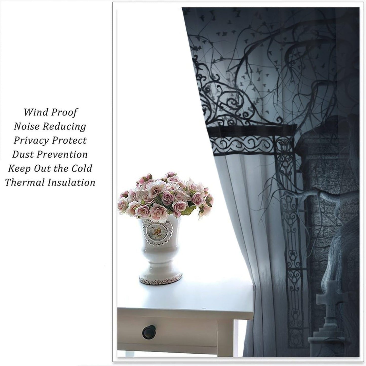 TFOSO Gothic Curtain, Misty Night View Horror Home Decor Bedroom Living Room Rod Pocket Window Treatment 2 Panel Set Total Size 42" W X 45" L Inch