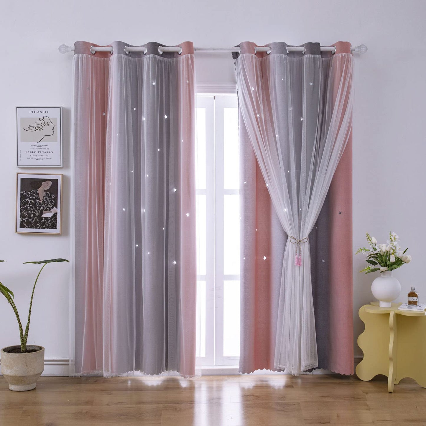 ZHUHAN Ombre Rainbow Blackout Curtains for Kid Girls Bedroom Living Room Darking Stripe Double Layer Star Cut Out Wall Home Decor Gradient Grommet Window Curtains （Pink Grey 52W x 72L