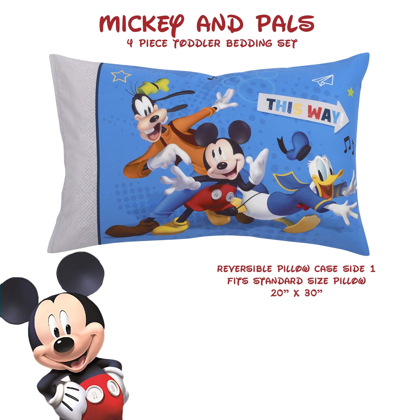 Disney Mickey Mouse and Pals 4 Piece Toddler Bedding Set - Fitted Sheet, Pillow Case, Top Sheet, and Comforter Quilt - Blue