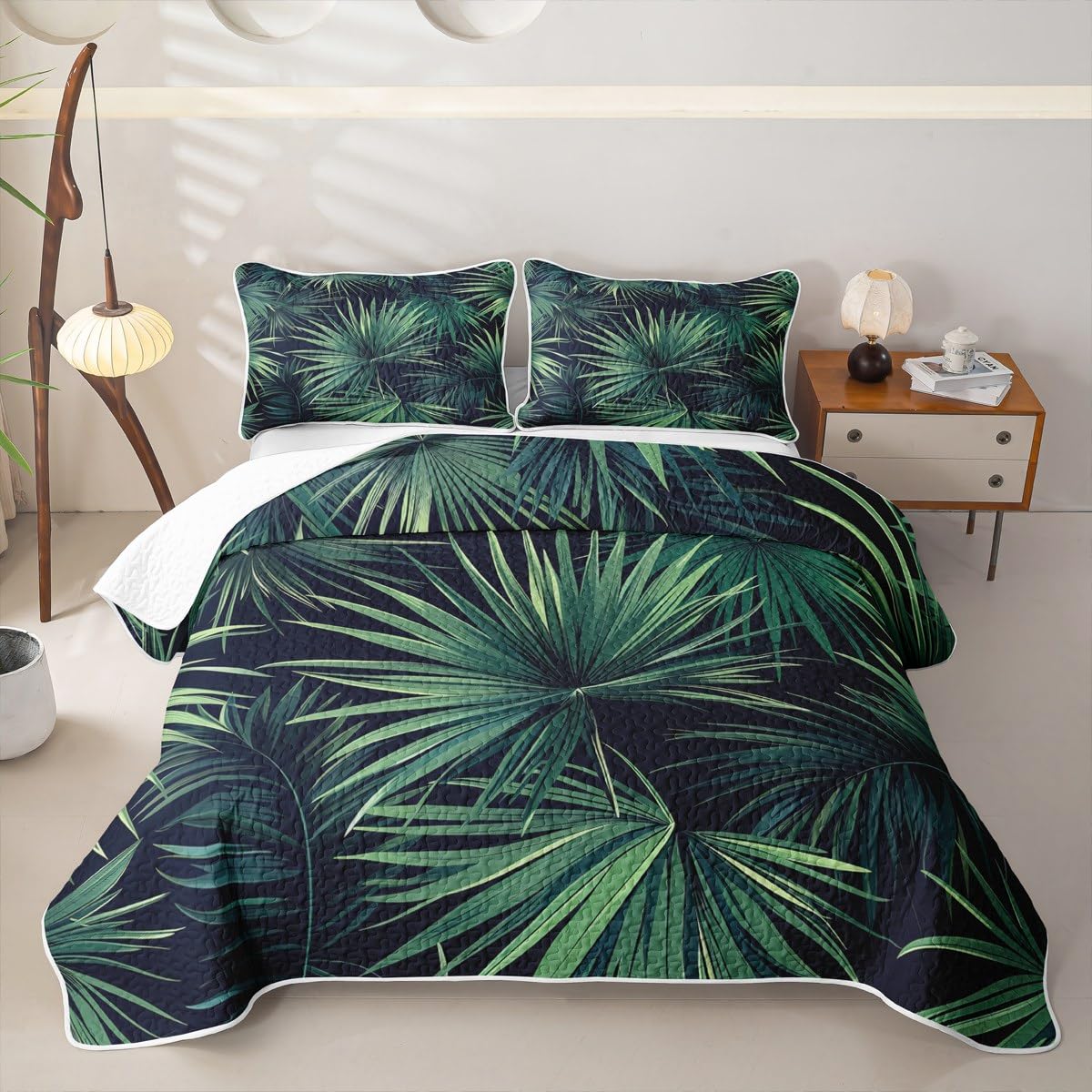 Erosebridal Palm Leaves Quilt Plant Branches Quilt Set Twin Hawaiian Tropical Theme Bedding Coverlet Green Bedspread with 1 Pillowcase