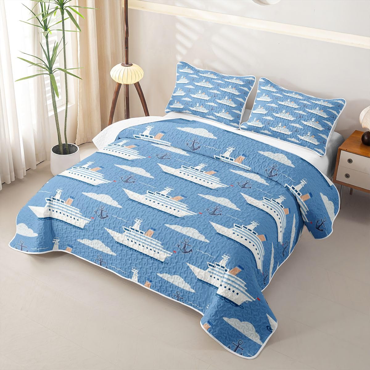 Erosebridal Nautical Sailboat Twin Quilt Set Ocean Ship Lightweight Bedspread Boat Anchor Coverlet for All Season White Cloud Blue Sky Nautical Quilted Comforter 2 Pieces