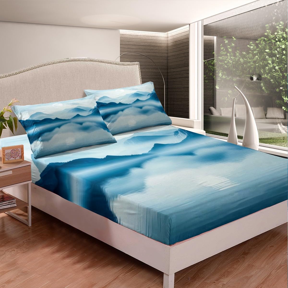 Feelyou Smoky Mountain Bedding Sheets Full Foggy Scenic Bed Sheet Set for Adult Kids Teal Blue Fitted Sheet Natural Landscape Bed Cover 3Pcs,1 Fitted Sheet+2 Pillow Sham（No Flat Sheet）