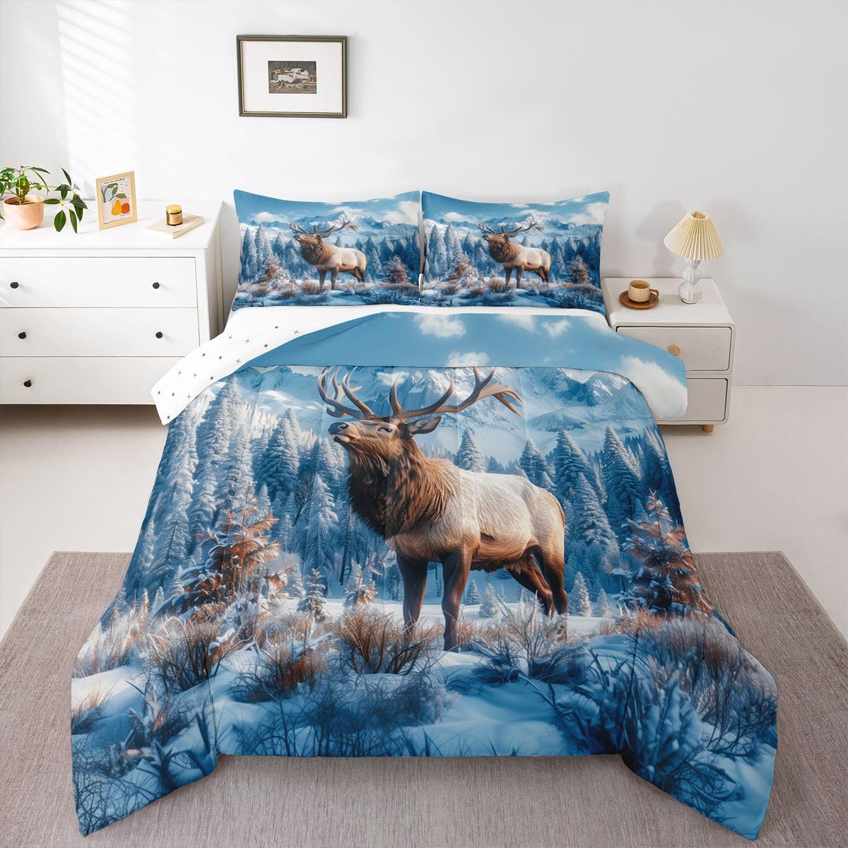 jejeloiu Deer Comforter Set Toddler Size Elk Wildlife Bedding Set for Kids Boys Girls Rustic Cabin Country Duvet Quilt Bedroom Decor Microfiber 2 Pcs with 1 Pillow Cases