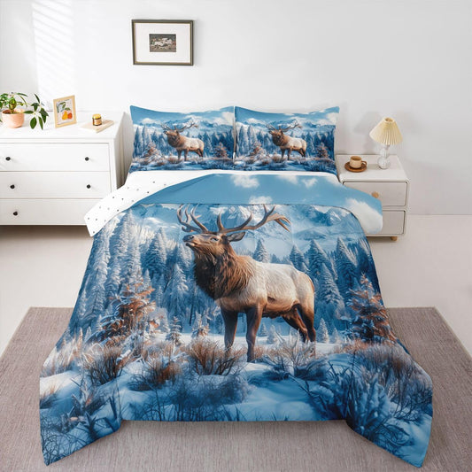 jejeloiu Deer Comforter Set Toddler Size Elk Wildlife Bedding Set for Kids Boys Girls Rustic Cabin Country Duvet Quilt Bedroom Decor Microfiber 2 Pcs with 1 Pillow Cases