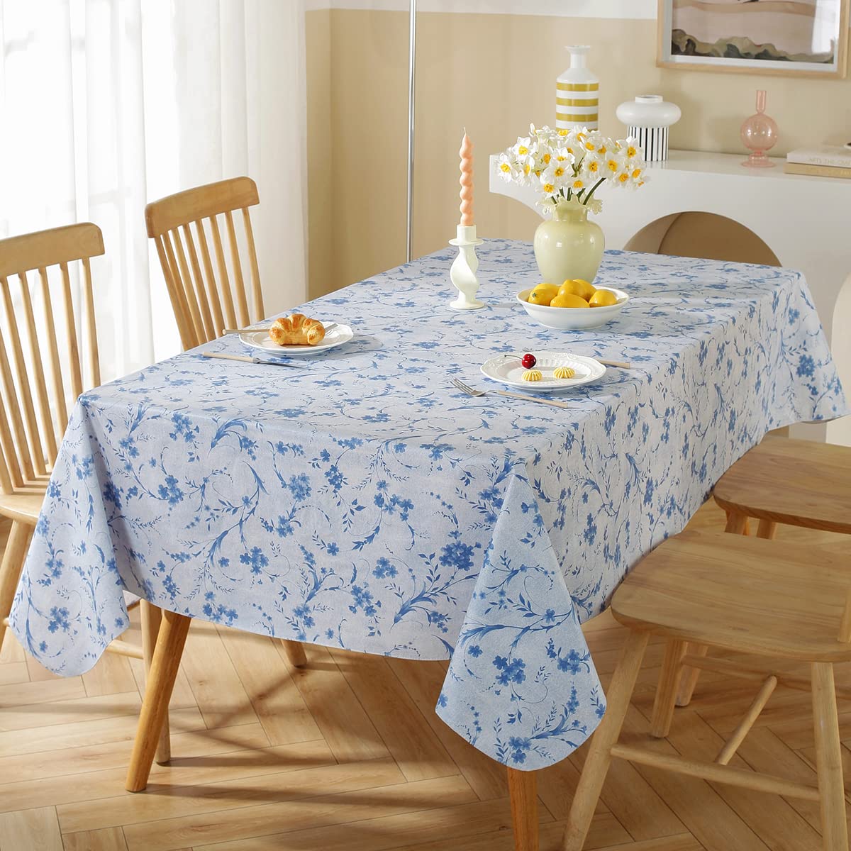 SASTYBALE Vinyl Tablecloth with Flannel Backing Rectangle 52 x 70 Inch, Floral Waterproof Wipe-able Rustic Plastic Tablecloth, Pastoral Table Cover for Dining, Picnic, Indoor, Outdoor, Blue