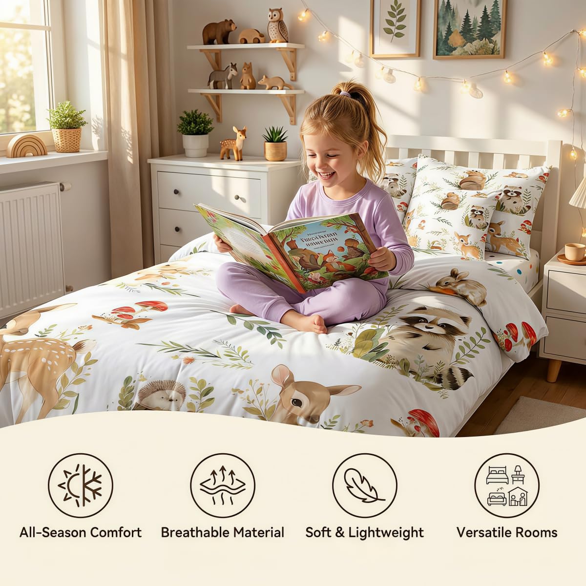 Erosebridal 7 Pcs Woodland Animals Kids Bedding Set Twin Cute Forest Raccoon Bear Deer Comforter Set with Sheets for Boys Girls Teens Jungle Safari Animals Bed in A Bag Botanical Mushroom Bed Sets