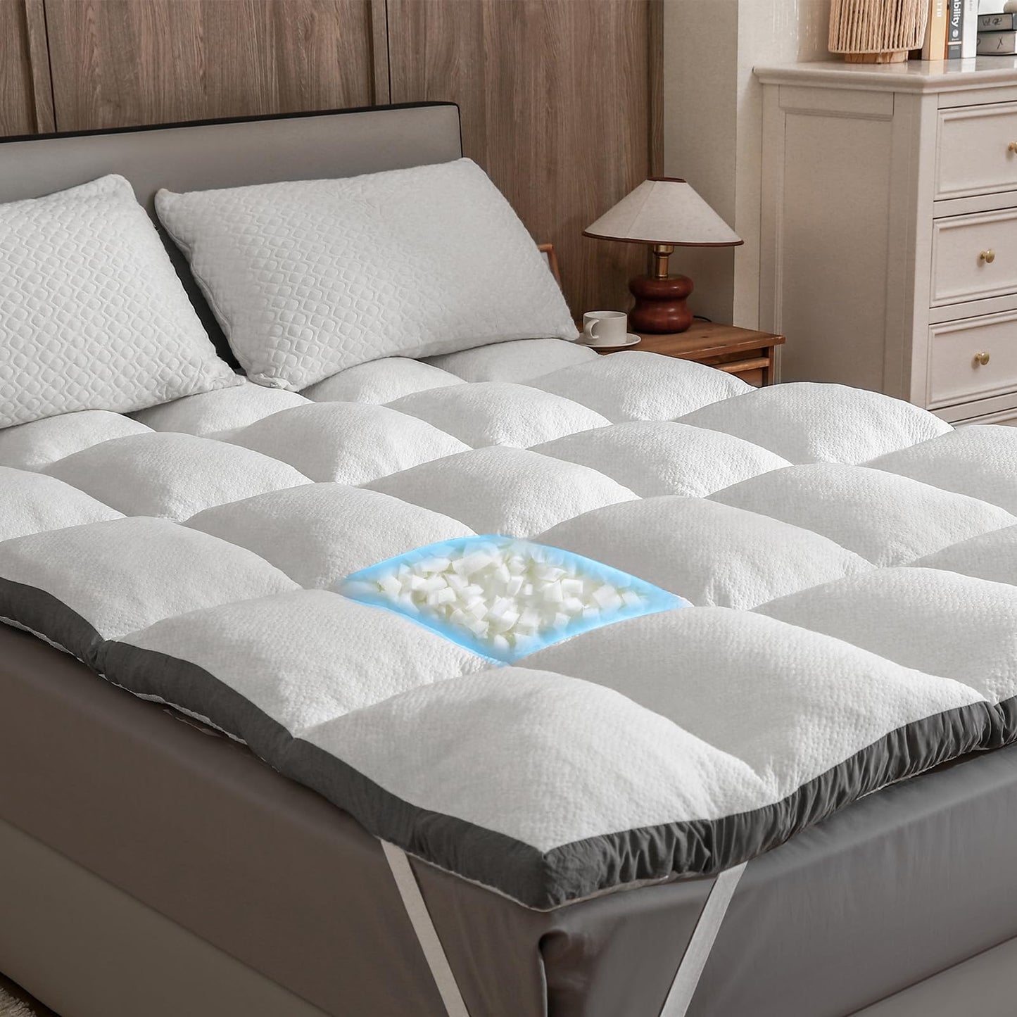 Rainmr Memory Foam Mattress Topper Full - 2000GSM Pillow Top Mattress Topper Full Size, Soft Plush Bed Pad for Pressure Relief & Back Support, White, Oeko-TEX Certified